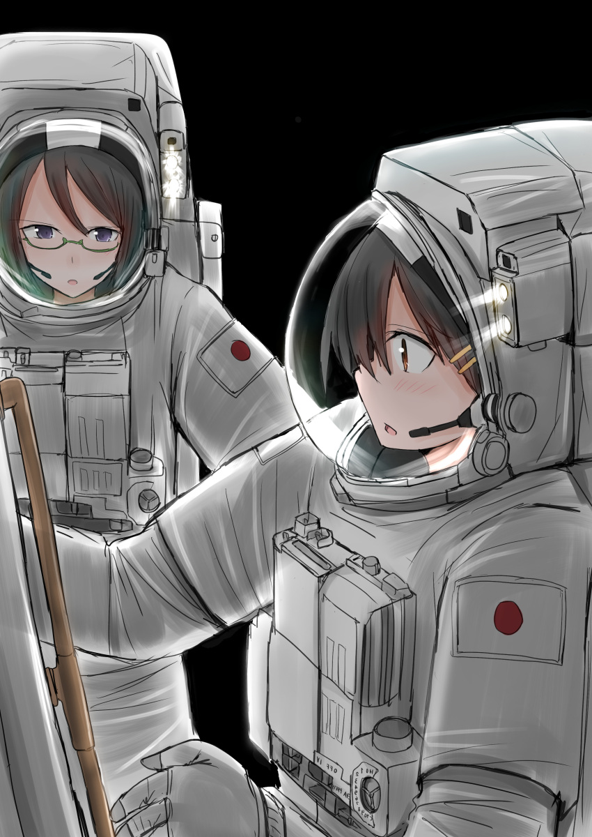 2girls absurdres astronaut black_background black_hair blush brown_eyes eyebrows_visible_through_hair green-framed_eyewear grey_hair hair_between_eyes hair_ornament hairclip haruna_(kancolle) highres japanese_flag kamaboko_senshi kantai_collection kirishima_(kancolle) long_hair microphone multiple_girls open_mouth semi-rimless_eyewear short_hair space space_helmet spacesuit violet_eyes