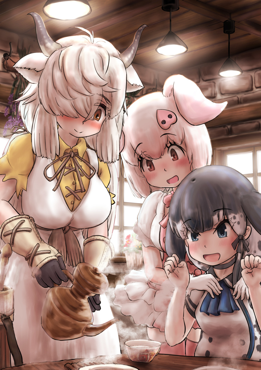 3girls :d absurdres animal_ears antenna_hair ascot bangs behind_another black_hair black_horns blowhole blue_eyes blush bow bowtie brown_eyes closed_mouth collared_shirt commentary_request cup day dress drink eyebrows_visible_through_hair eyelashes eyes_visible_through_hair gloves grey_hair hair_ornament hair_over_one_eye hands_on_another's_shoulders hands_up highres holding horns indoors kemono_friends kemono_friends_3 long_hair medium_hair multicolored_hair multicolored_horns multiple_girls narwhal_(kemono_friends) neck_ribbon open_mouth ox_ears ox_horns pig_(kemono_friends) pig_ears pink_hair ribbon shirt short_sleeves side_ponytail smile steam table teriiman thigh-highs very_long_hair white_hair window wing_collar yak_(kemono_friends) yellow_shirt zettai_ryouiki