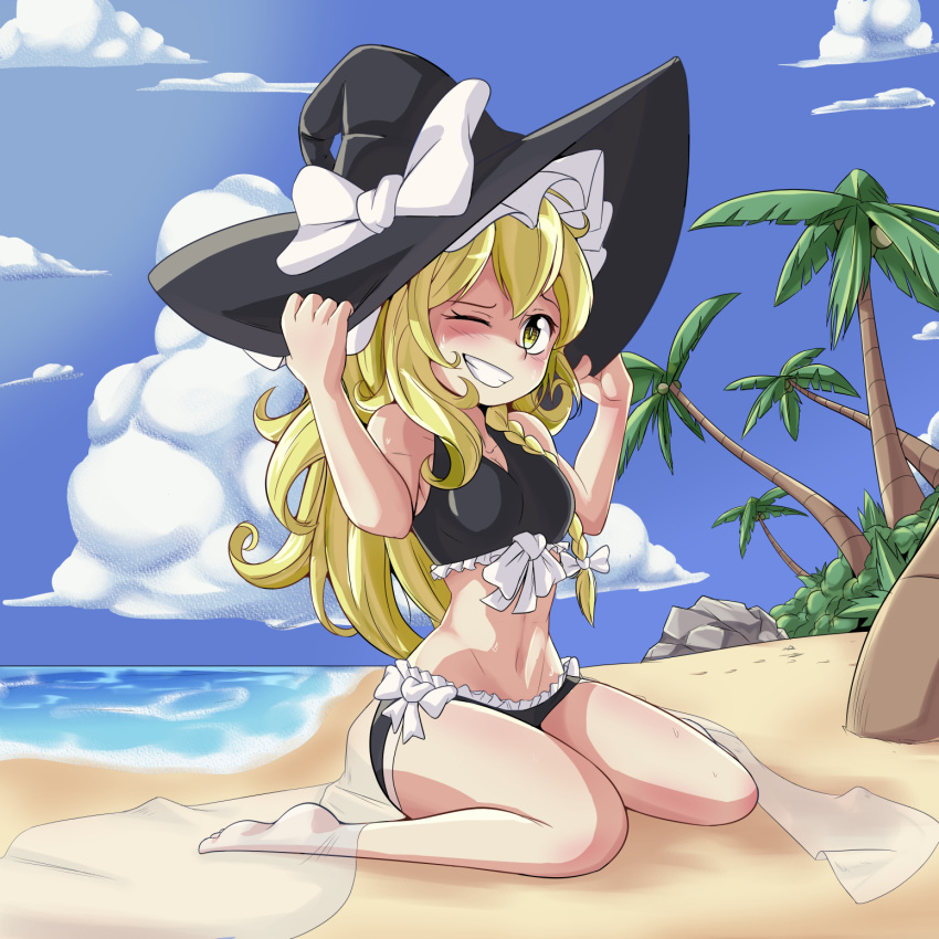 1girl arms_up bangs barefoot beach black_swimsuit blonde_hair blue_eyes blush bmkro bow braid breasts bush clear_sky clouds commentary_request grin hair_ribbon hands_on_headwear hat hat_bow hat_ribbon highres kirisame_marisa leaf long_hair looking_at_viewer medium_breasts navel ocean one_eye_closed palm_tree ribbon single_braid sitting sky smile solo stomach stone swimsuit thighs touhou tree tress_ribbon wariza white_bow white_ribbon witch_hat yellow_eyes