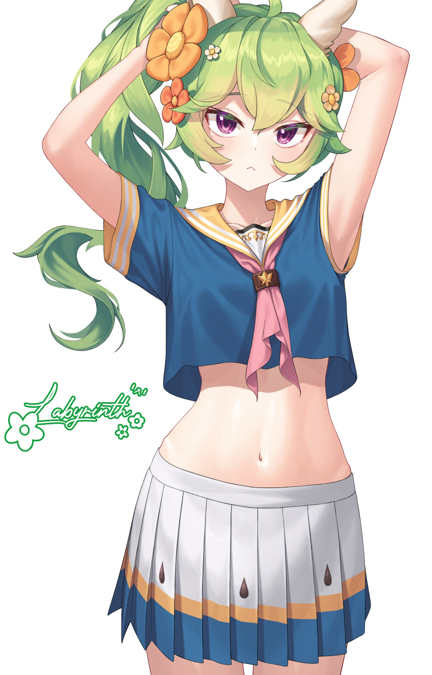 1girl :&lt; absurdres alpaca_ears animal_ears arms_up bangs bintz blue_shirt closed_mouth crossed_bangs eyebrows_visible_through_hair feet_out_of_frame flower green_hair guardian_tales hair_flower hair_ornament hand_in_hair highres looking_at_viewer mayreel_(guardian_tales) multicolored_clothes multicolored_skirt navel pink_eyes ponytail shirt skirt solo white_background