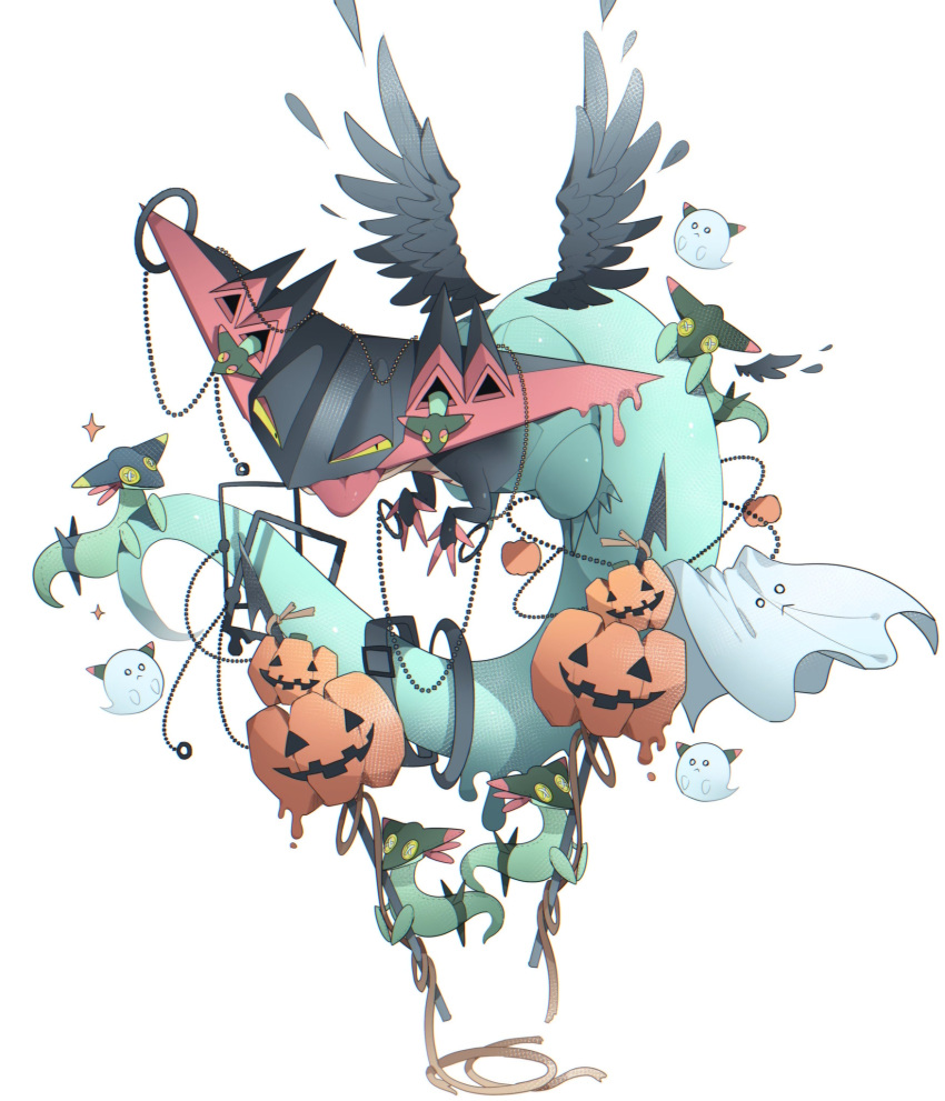 aru_(citrine_drplt) beads claws cloth commentary_request dragapult dreepy feathered_wings floating half-closed_eyes halloween highres holding jack-o'-lantern jewelry looking_at_viewer no_humans pokemon pokemon_(creature) ring rope sparkle tongue tongue_out wings yellow_eyes