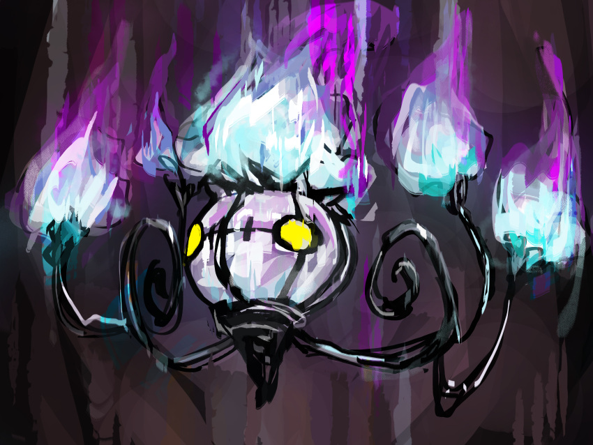 absurdres animal_focus blank_eyes blue_fire brown_background chandelier chandelure commentary fire floating full_body ghost highres my700 no_humans pokemon pokemon_(creature) purple_fire simple_background sketch solo yellow_eyes