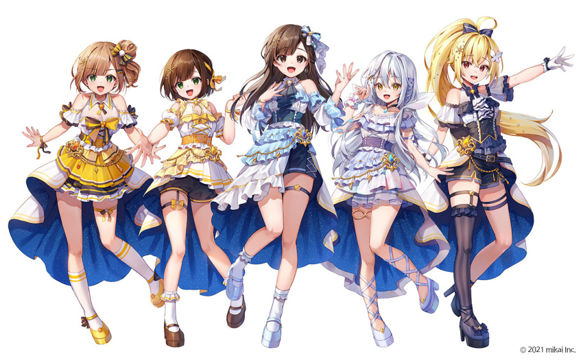 5girls :d ahoge bangs bare_shoulders black_bow black_choker black_footwear black_shorts black_skirt blonde_hair blue_footwear bow brown_eyes brown_footwear brown_hair butterfly_hair_ornament character_request choker chyoling collarbone commentary_request detached_sleeves eyebrows_visible_through_hair frilled_legwear gloves green_eyes hair_between_eyes hair_bow hair_ornament hand_up high_heels high_ponytail kneehighs long_hair multiple_girls official_art outstretched_arm pleated_skirt ponytail puffy_short_sleeves puffy_shorts puffy_sleeves re:act shirt short_shorts short_sleeves shorts shorts_under_skirt silver_hair simple_background single_thighhigh skirt smile socks standing standing_on_one_leg striped striped_bow striped_legwear thigh-highs vertical-striped_legwear vertical_stripes very_long_hair virtual_youtuber watermark white_background white_footwear white_gloves white_legwear white_shirt white_skirt white_sleeves yellow_footwear yellow_skirt