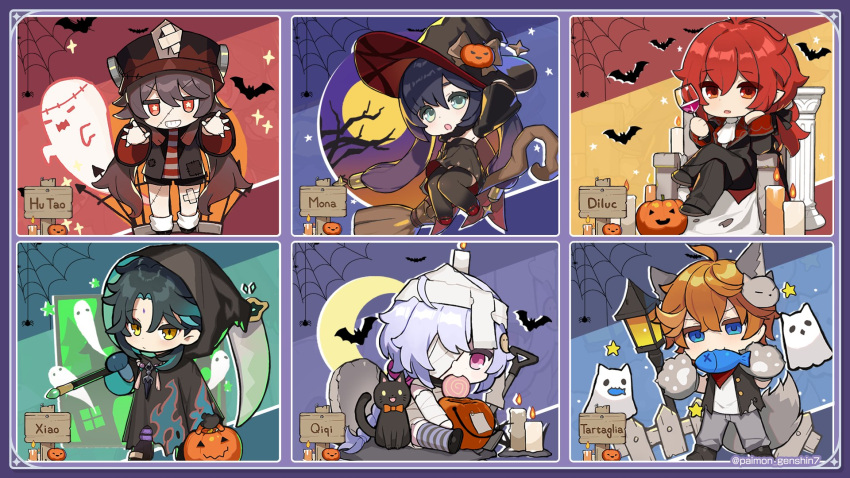3boys 3girls :3 alcohol alternate_costume animal animal_ears animal_hands aqua_eyes aqua_hair bandage_over_one_eye bandages bangs bat bead_necklace beads black_cat black_hair black_legwear blue_eyes blue_hair broom broom_riding brown_hair candle candy cat character_name chibi closed_mouth crossed_arms cup diluc_(genshin_impact) dress drinking_glass facial_mark fang fence food forehead_mark genshin_impact ghost gloves gradient_hair grin halloween halloween_bucket halloween_costume hat highres holding holding_cup holding_weapon hood hood_up hu_tao_(genshin_impact) jewelry lollipop long_hair low_twintails mona_(genshin_impact) mouth_hold multicolored_hair multiple_boys multiple_girls necklace official_art orange_hair paimon_genshin7 parted_lips paw_gloves pink_eyes pointy_ears purple_hair qiqi_(genshin_impact) red_eyes redhead scythe sign silk sitting smile sparkle spider_web standing star_(symbol) stitched_face stitches striped striped_legwear tail tartaglia_(genshin_impact) thigh-highs twintails twitter_username weapon wine wine_glass witch_hat xiao_(genshin_impact) yellow_eyes