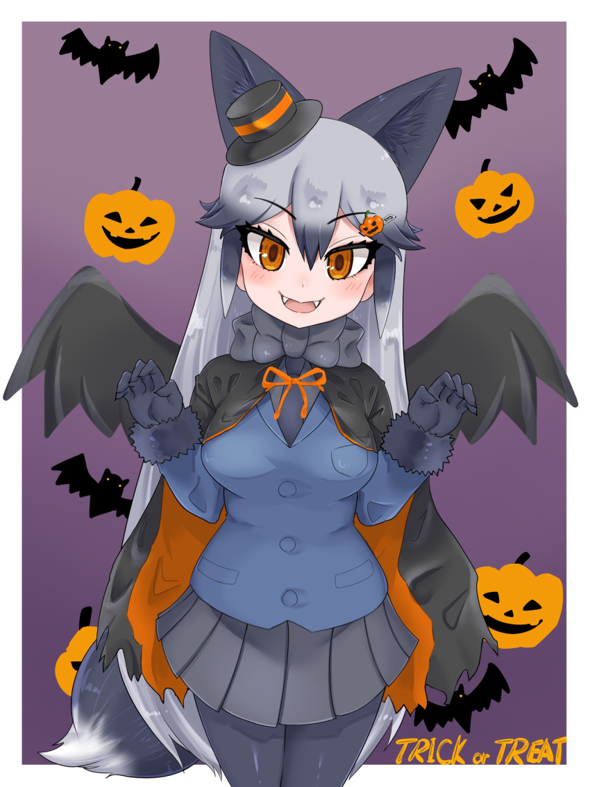 1girl animal_ears aramaru bat_wings black_cape black_fur black_gloves black_hair black_legwear black_neckwear blue_jacket bow bowtie cape claw_pose cowboy_shot dracula extra_ears fangs food-themed_hair_ornament fox_ears fox_girl fox_tail fur_trim gloves grey_hair grey_skirt hair_ornament hairclip halloween hat highres jacket kemono_friends long_hair long_sleeves multicolored_hair necktie orange_cape orange_neckwear pantyhose pleated_skirt pumpkin_hair_ornament silver_fox_(kemono_friends) silver_hair skirt solo tail two-tone_cape vampire_costume wings