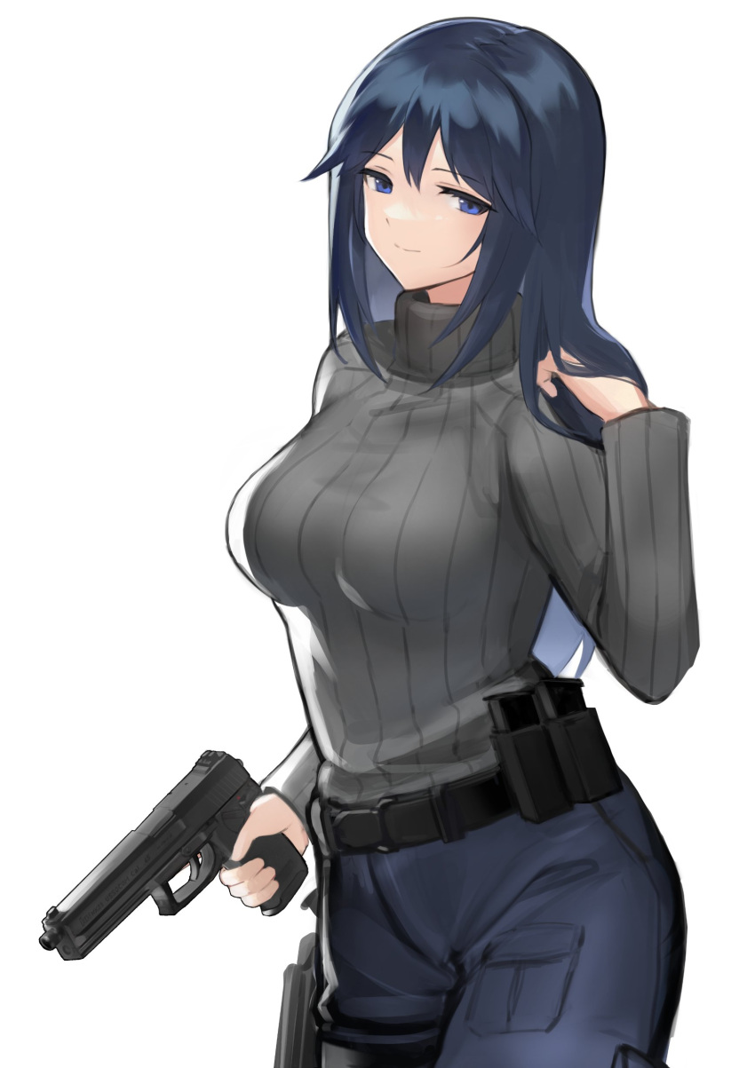 1girl absurdres belt blue_eyes blue_hair commentary_request gun handgun highres holding holding_gun holding_weapon holster long_hair looking_back magazine_(weapon) original pants pocket shiroyama_soh solo sweater trigger_discipline weapon weapon_request white_background