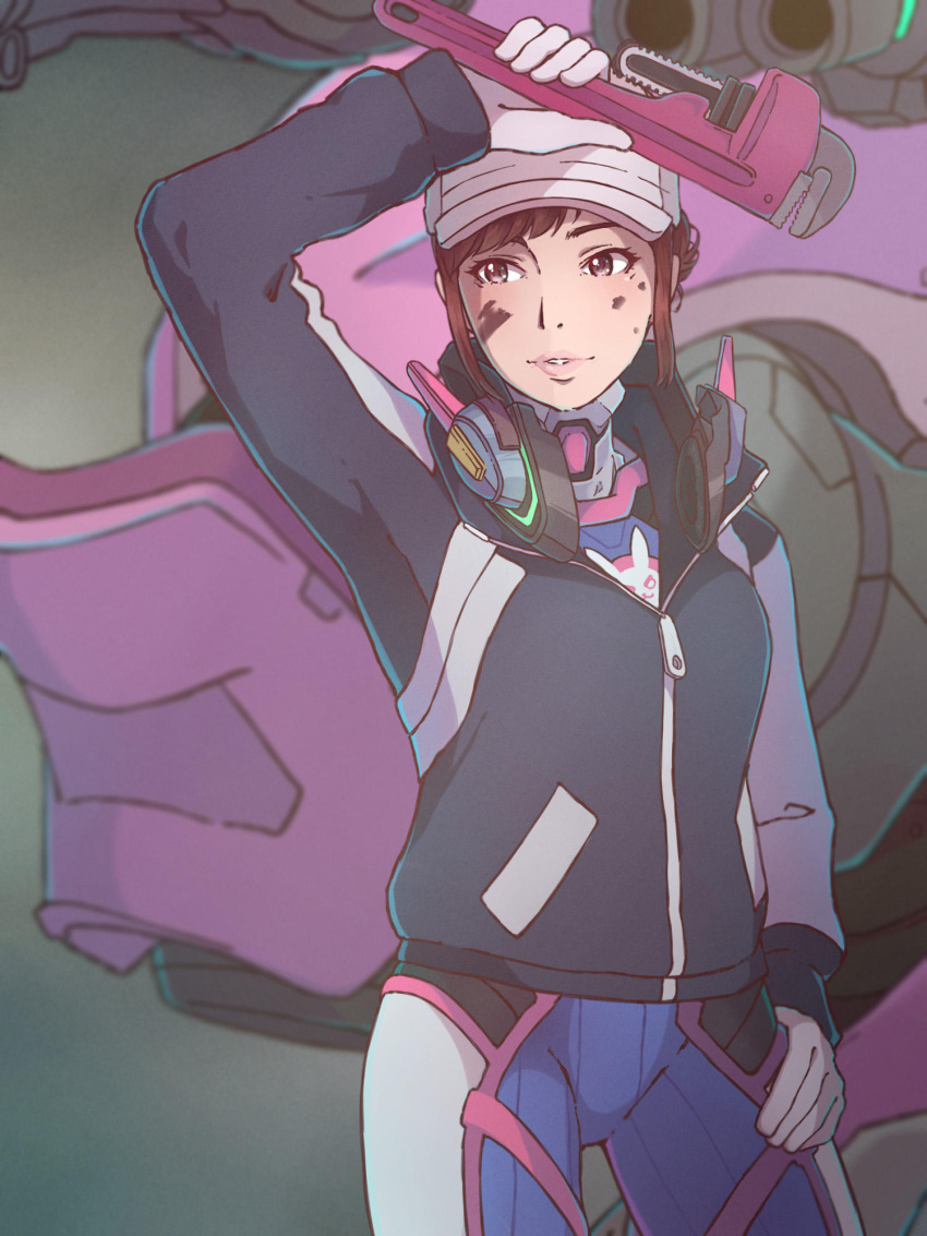 1girl alternate_hairstyle baseball_cap blue_bodysuit bodysuit brown_eyes brown_hair d.va_(overwatch) dirty dirty_face gloves hand_on_hip hat headphones headphones_around_neck highres jacket kukie-nyan mecha overwatch parted_lips ribbed_bodysuit shooting_star_d.va skin_tight solo wrench