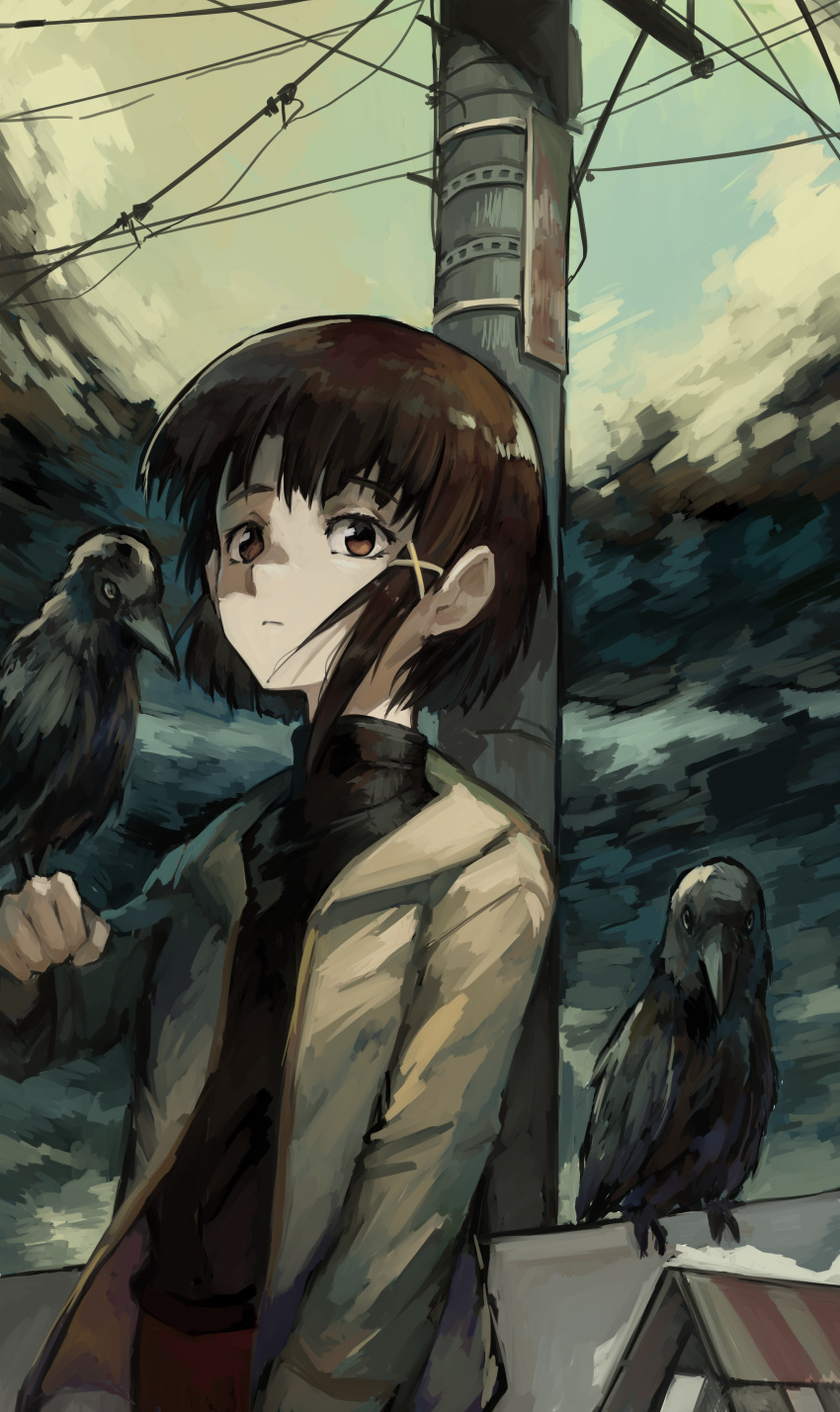 1girl absurdres bangs bird bird_on_hand black_sweater brown_eyes brown_hair crow hair_ornament hand_up highres iwakura_lain jacket kornod looking_at_viewer power_lines serial_experiments_lain short_hair solo standing sweater turtleneck turtleneck_sweater upper_body utility_pole x_hair_ornament yellow_jacket