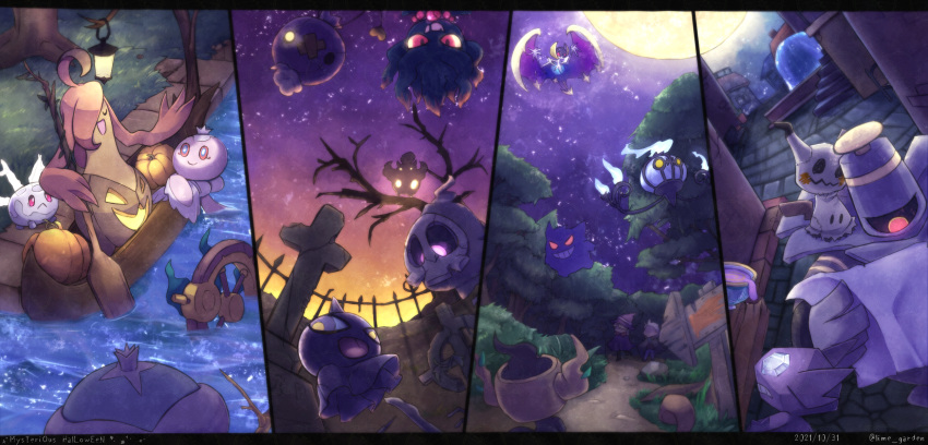 1boy 1girl boat chandelure commentary_request dhelmise drifloon dusknoir duskull fence fire flame forest frillish frillish_(female) galarian_corsola gengar gourgeist grass grin halloween highres jellicent jellicent_(male) lunala mimikyu misdreavus moon nature night outdoors paddle phantump pokemon pokemon_(creature) raimu_(lime_garden) sableye shuppet sinistea sky smile teeth tombstone tree water watercraft