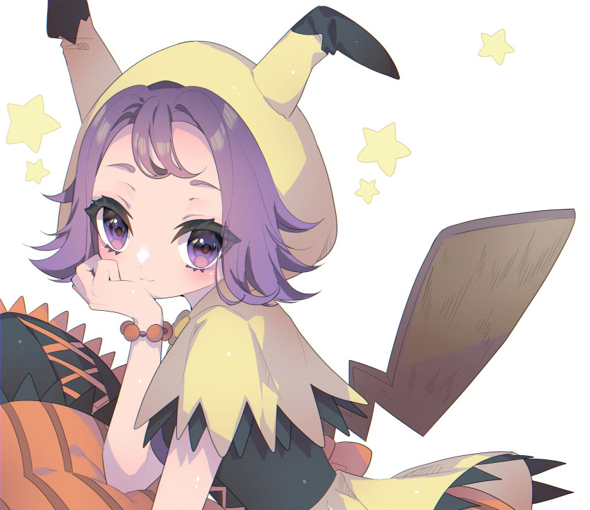 1girl :3 acerola_(pokemon) aru_(citrine_drplt) bangs bead_bracelet beads blush bracelet capelet closed_mouth eyelashes from_side hand_up highres hood hooded_capelet jewelry official_alternate_costume orange_bracelet pokemon pokemon_(game) pokemon_ears pokemon_masters_ex pokemon_tail purple_hair smile solo star_(symbol) tail themed_object violet_eyes waist_cape white_background