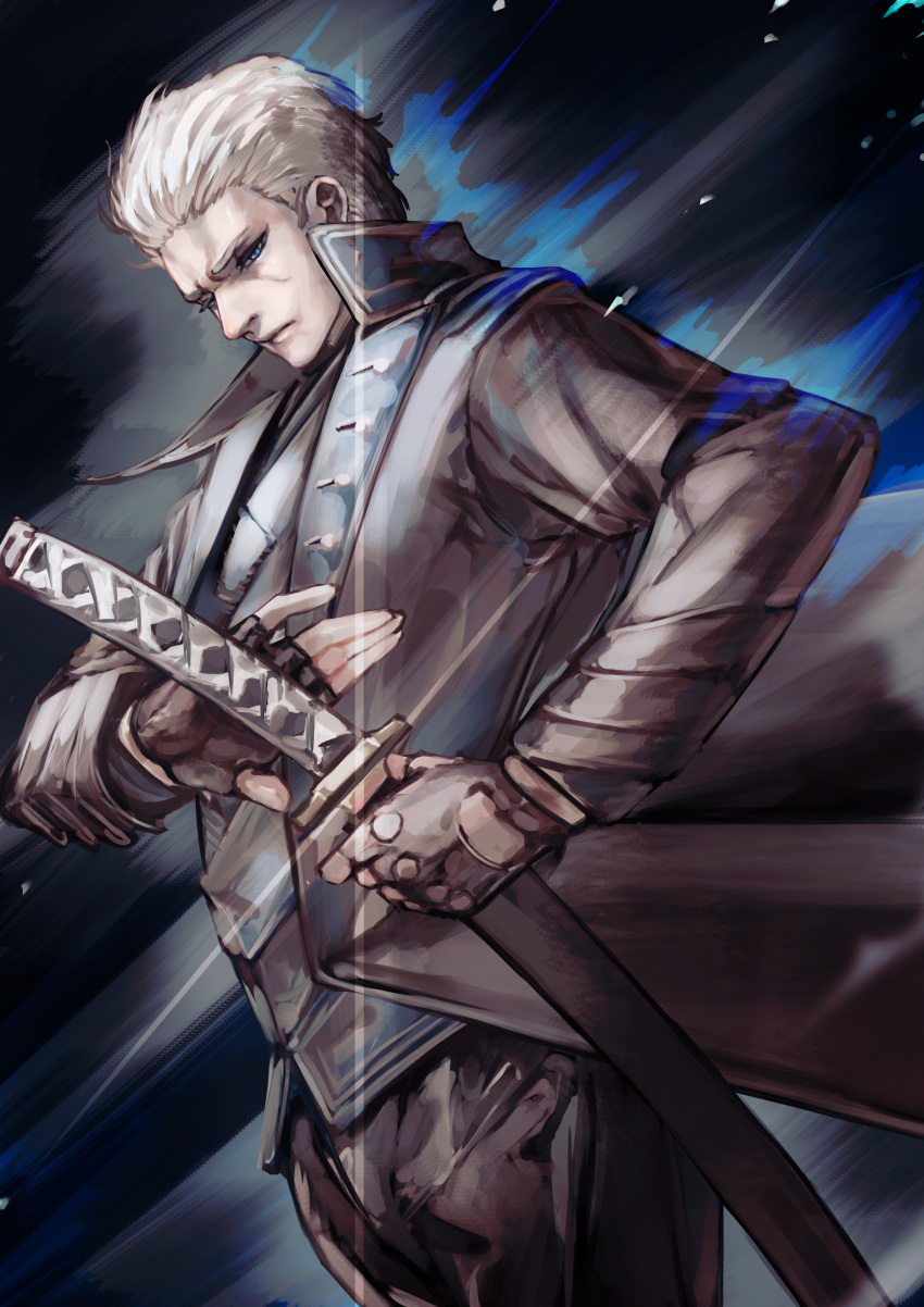 1boy absurdres black_gloves black_pants blue_eyes devil_may_cry_(series) devil_may_cry_5 fingerless_gloves gloves highres holding holding_sheath katana long_sleeves male_focus pants scabbard sheath soleil_(soleilmtfbwy03) solo standing sword unsheathing vergil_(devil_may_cry) weapon white_hair yamato_(sword)