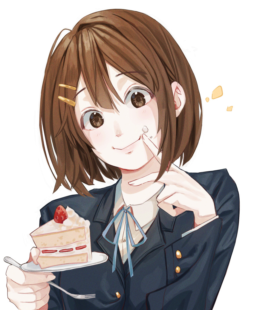 1girl brown_eyes brown_hair cake food food_on_face fork hair_ornament hairclip highres hirasawa_yui k-on! mu_ooa plate school_uniform short_hair smile solo upper_body white_background