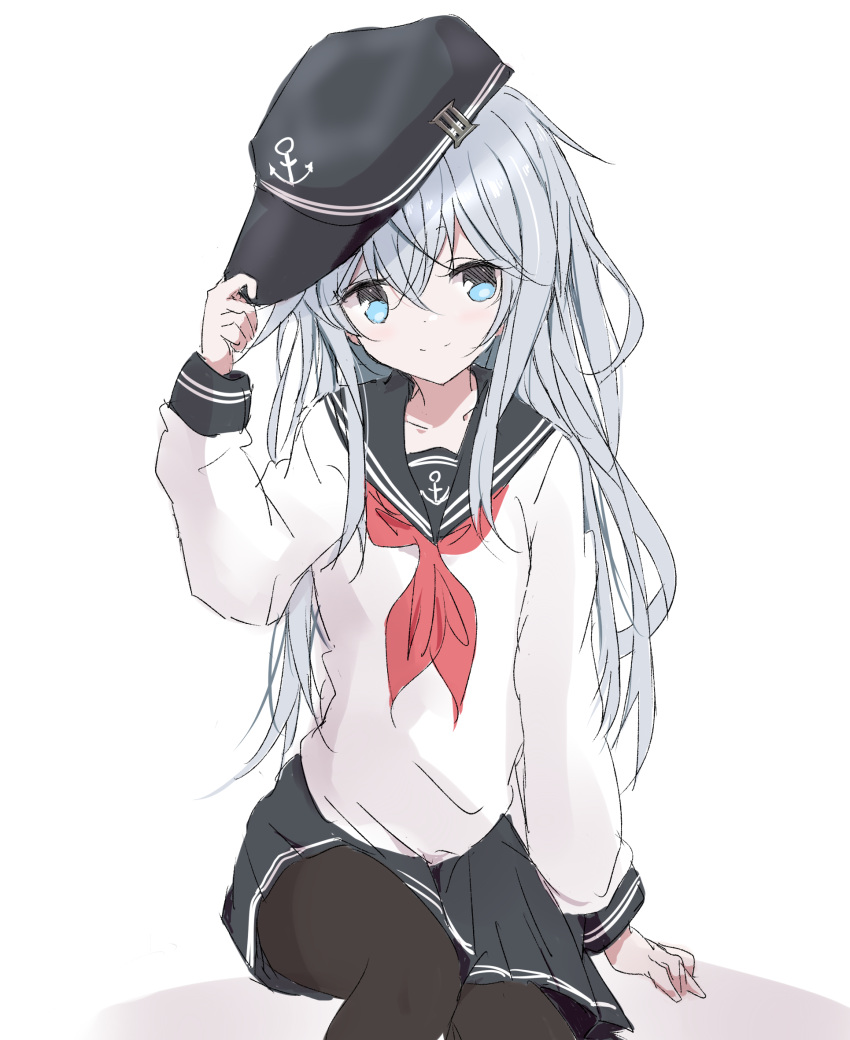 1girl anchor_symbol black_headwear black_legwear black_sailor_collar black_skirt blue_eyes blush closed_mouth core_(mayomayo) eyebrows_visible_through_hair flat_cap hair_between_eyes hat hibiki_(kancolle) highres kantai_collection long_hair long_sleeves neckerchief pleated_skirt red_neckerchief sailor_collar school_uniform serafuku silver_hair skirt smile solo thigh-highs