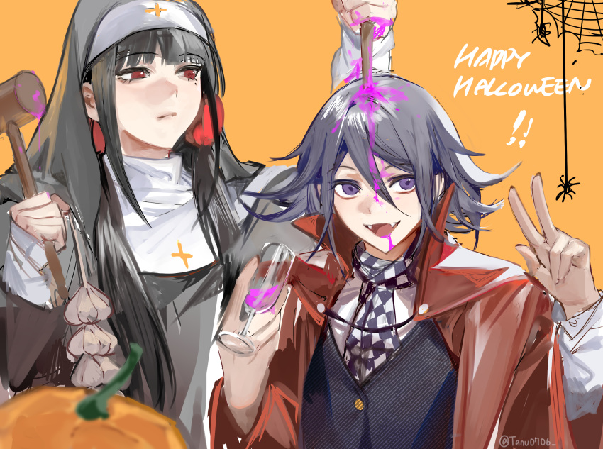 1boy 1girl alternate_costume black_vest blood cape checkered checkered_scarf cup danganronpa_(series) danganronpa_v3:_killing_harmony eyebrows_visible_through_hair habit hair_between_eyes hair_ornament hair_scrunchie halloween halloween_costume hammer happy_halloween harukawa_maki highres holding holding_cup holding_weapon low_twintails mole mole_under_eye nun orange_background ouma_kokichi pink_blood pumpkin red_cape red_scrunchie scarf scrunchie silk spider_web striped striped_vest tanu0706 twintails twitter_username vampire vest violet_eyes w weapon