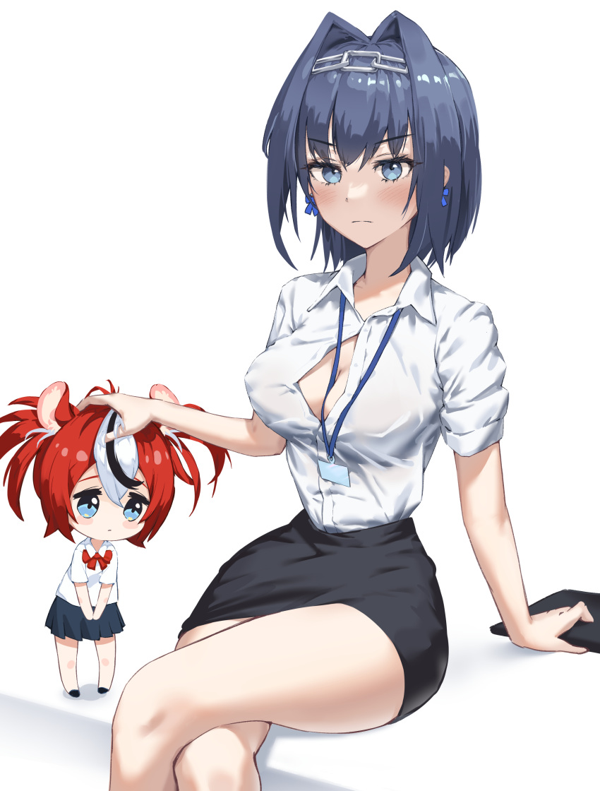 2girls absurdres animal_ears bangs black_hair black_skirt blue_eyes blue_hair blue_skirt bow bow_earrings bowtie breasts chain chibi closed_eyes closed_mouth collared_shirt crossed_legs earrings frilled_skirt frills frown full_body hair_between_eyes hair_ornament hakos_baelz hand_on_another's_head hand_up highres hololive hololive_english id_card jewelry kimpanzi medium_breasts mouse_ears mouse_girl multicolored_hair multiple_girls no_bra office_lady open_clothes open_shirt ouro_kronii red_bow redhead sad school_uniform shirt short_hair sidelocks simple_background sitting skirt taut_clothes taut_shirt virtual_youtuber white_background white_hair white_shirt