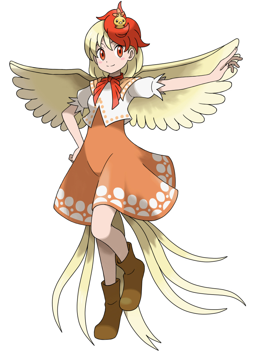 1girl absurdres animal_on_head asatsuki_(fgfff) bird bird_on_head bird_tail bird_wings blonde_hair boots brown_footwear chick chicken closed_mouth dress feathered_wings highres multicolored_hair niwatari_kutaka on_head orange_dress orange_eyes pokemon puffy_short_sleeves puffy_sleeves red_neckwear red_ribbon redhead ribbon shirt short_hair short_sleeves simple_background smile standing standing_on_one_leg tail tail_feathers torchic touhou two-tone_hair white_background white_shirt wings yellow_wings