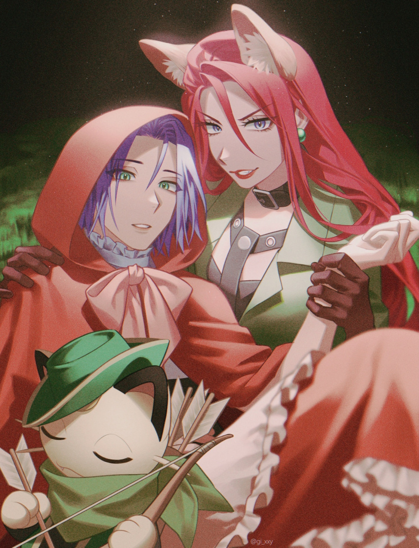 1boy 1girl blue_eyes blue_hair crossdressing green_eyes highres james_(pokemon) jessie_(pokemon) little_red_riding_hood meowth pokemon pokemon_(creature) redhead ruru_(gi_xxy)