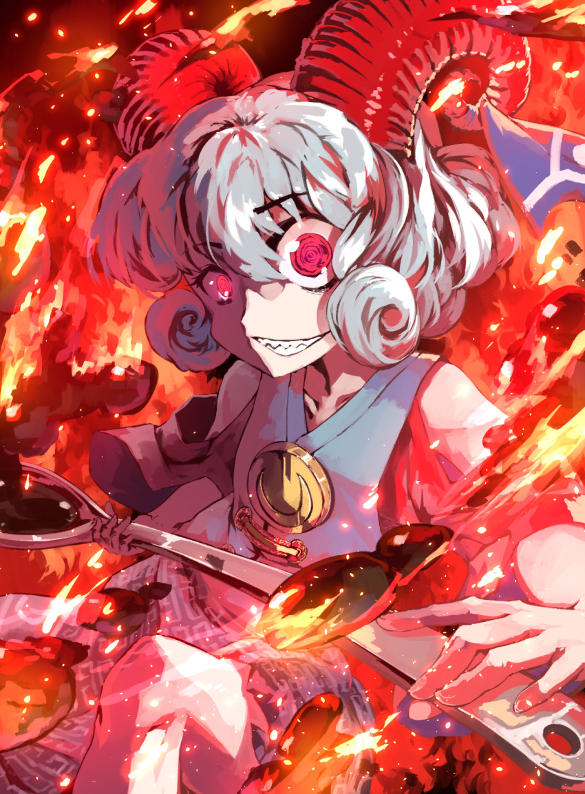 1girl bare_shoulders blue_dress bubble crazy_eyes curly_hair detached_sleeves dress embers fire grin highres horn_ornament horn_ribbon horns oil patterned_clothing red_eyes ribbon sharp_teeth sheep_horns short_hair smile solo spork sunyup teeth touhou toutetsu_yuuma white_hair