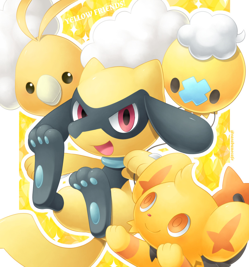 :d alternate_color beak closed_mouth commentary_request drifloon highres looking_up no_humans open_mouth orange_eyes outline pokemon pokemon_(creature) red_eyes riolu sasabunecafe shinx shiny_pokemon smile sparkle swablu toes tongue