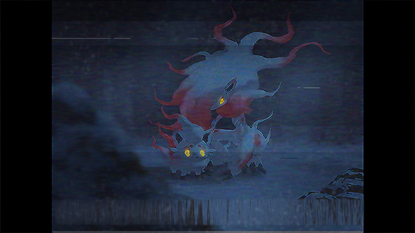 animal_focus dark glowing glowing_eyes highres hisuian_zoroark hisuian_zorua looking_at_viewer no_humans pokemon pokemon_(creature) rend vhs_artifacts wide_shot yellow_eyes