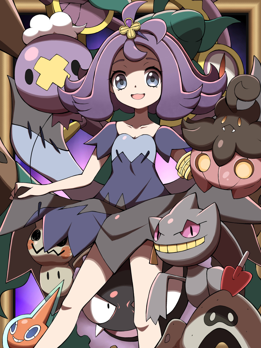 1girl absurdres acerola_(pokemon) armlet banette bangs clothes_lift commentary_request dress dress_lift drifloon eyelashes flipped_hair gastly grey_dress grey_eyes hair_ornament hairclip highres knees lifted_by_self medium_hair mimikyu multicolored_clothes multicolored_dress open_mouth pokemon pokemon_(creature) pokemon_(game) pokemon_sm pumpkaboo purple_hair rotom rotom_(normal) sandygast shabana_may short_sleeves smile stitches tongue topknot torn_clothes torn_dress