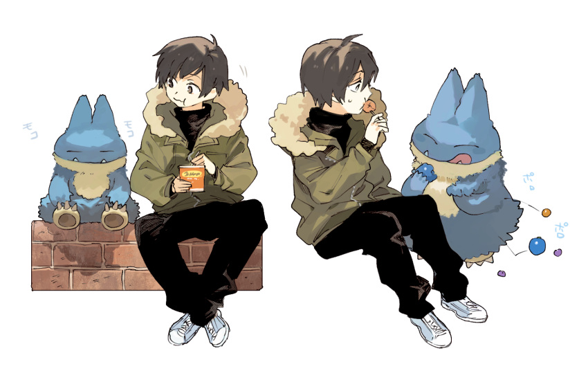 1boy :t bangs berry_(pokemon) black_pants brick_wall brown_hair closed_eyes closed_mouth commentary_request cowlick eating fangs fangs_out fur-trimmed_hood fur_trim highres holding holding_stick hood jacket male_focus multiple_views munchlax newo_(shinra-p) pants pokemon pokemon_(creature) shoes short_hair sitting sneakers spread_legs stick tongue tongue_out