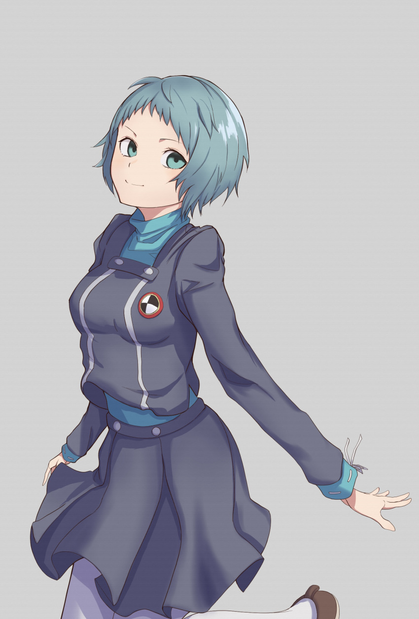 1girl aqua_eyes aqua_hair black_skirt blue_sweater breasts brown_footwear closed_mouth commentary_request gekkoukan_high_school_uniform grey_background highres leg_up long_sleeves looking_at_viewer medium_breasts persona persona_3 s-m-53413 school_uniform shoes short_hair simple_background skirt smile solo sweater turtleneck turtleneck_sweater uniform upper_body white_legwear yamagishi_fuuka