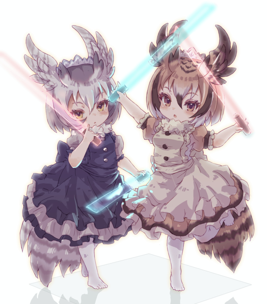 2girls brown_hair eurasian_eagle_owl_(kemono_friends) eyebrows_visible_through_hair glowstick gradient_hair grey_hair highres kemono_friends kolshica looking_at_viewer multicolored_hair multiple_girls northern_white-faced_owl_(kemono_friends) pantyhose parted_lips puffy_short_sleeves puffy_sleeves short_hair short_sleeves tadano_magu white_hair white_legwear