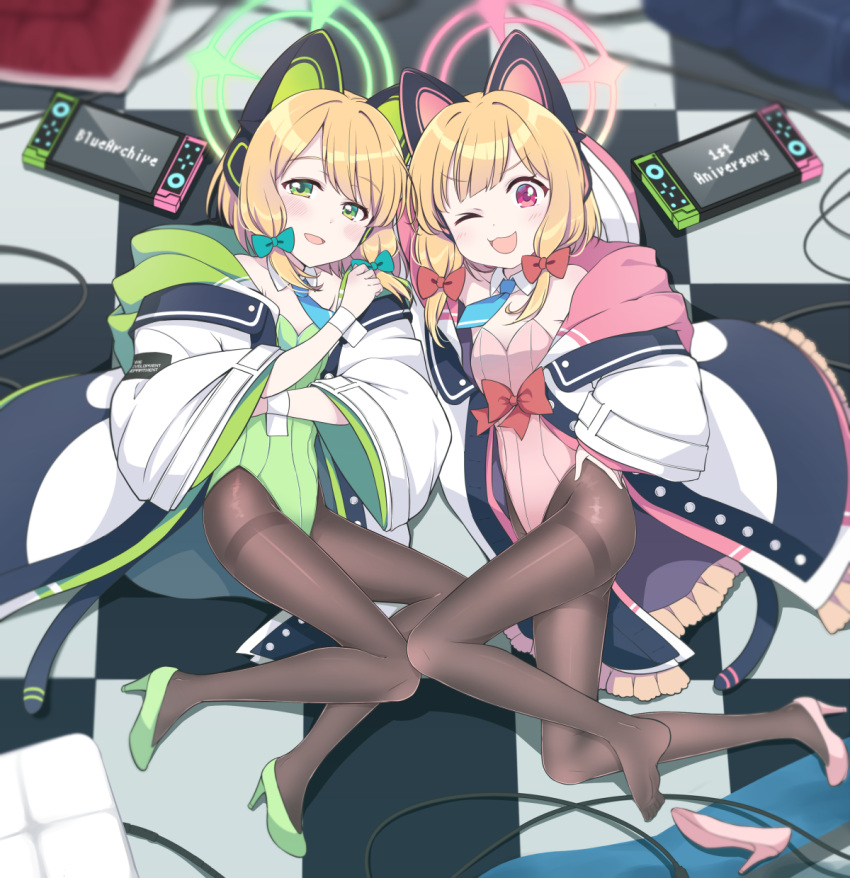 2girls :o alternate_costume animal_ear_headphones animal_ears black_pantyhose blonde_hair blue_archive blue_necktie blush cat_ear_headphones fake_animal_ears green_eyes halo headphones highres hoshino_ouka looking_at_viewer midori_(blue_archive) momoi_(blue_archive) multiple_girls necktie open_mouth pink_eyes shirt siblings simple_background sisters twins upper_body white_shirt