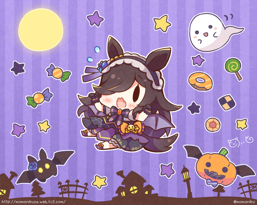 1girl animal_ears bangs bat_wings black_gloves black_hair black_hairband blue_flower blue_rose blush candy checkerboard_cookie chibi commentary_request cookie doughnut eyebrows_visible_through_hair fangs flower flying_sweatdrops food frilled_hairband frills full_moon ghost gloves grey_wings hair_over_one_eye hairband highres horse_ears horse_girl horse_tail jack-o'-lantern lollipop make_up_in_halloween!_(umamusume) momoniku_(taretare-13) moon open_mouth puffy_short_sleeves puffy_sleeves purple_background purple_footwear purple_skirt rice_shower_(umamusume) rose shirt short_sleeves skirt solid_oval_eyes solo star_(symbol) striped striped_background swirl_lollipop tail thumbprint_cookie umamusume vertical_stripes white_shirt wings