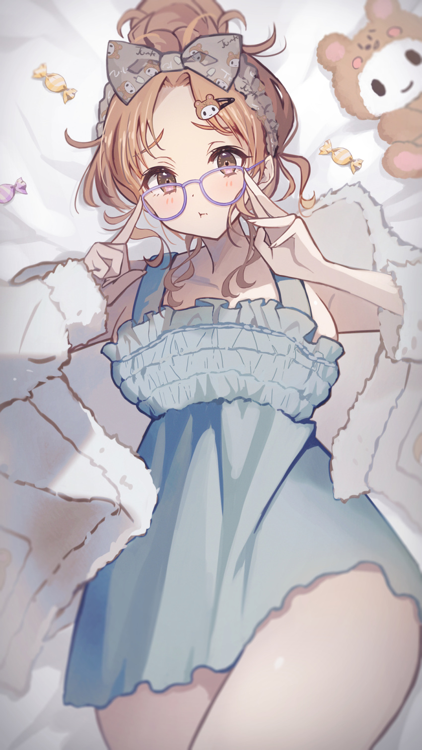 1girl :t bangs bed_sheet bespectacled blue_dress blush bow breasts brown_hair candy cowboy_shot dress food fur-trimmed_jacket fur_trim glasses hair_bow hair_bun hair_ornament hairband hairclip highres ichikawa_hinana idolmaster idolmaster_shiny_colors jacket large_breasts looking_at_viewer lying off-shoulder_dress off_shoulder on_back parted_bangs purple-framed_eyewear solo stuffed_toy umeume_(totoya) white_jacket