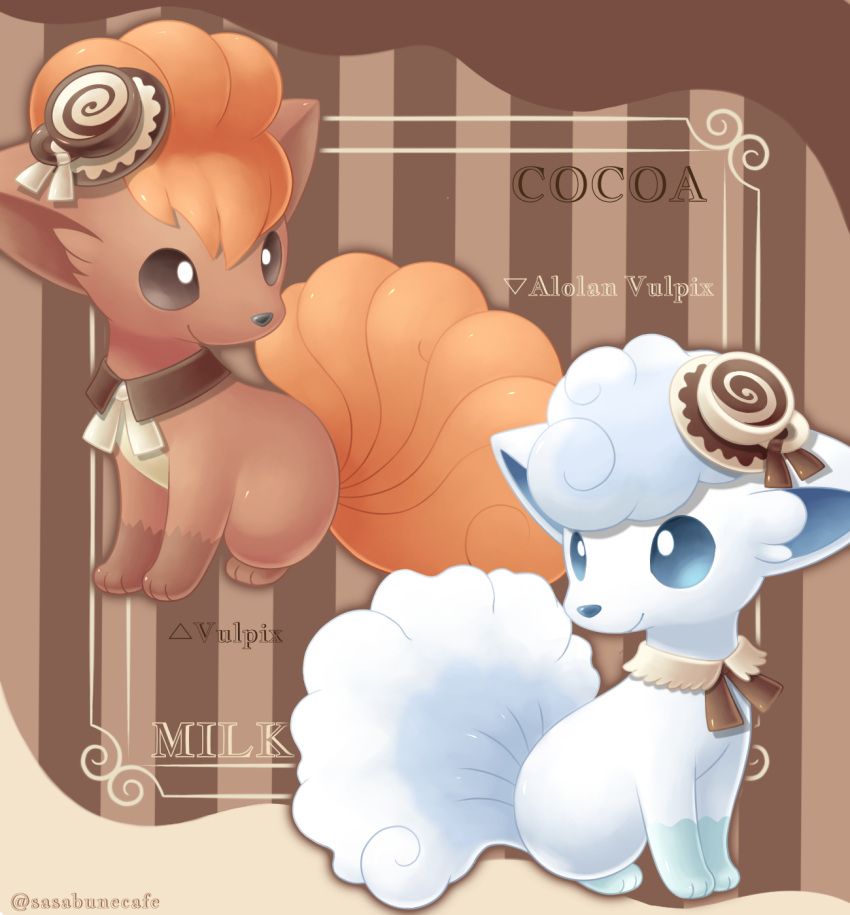 alolan_vulpix blue_eyes brown_background closed_mouth commentary_request detached_collar framed hat highres looking_back no_humans pokemon pokemon_(creature) sasabunecafe smile standing toes vulpix