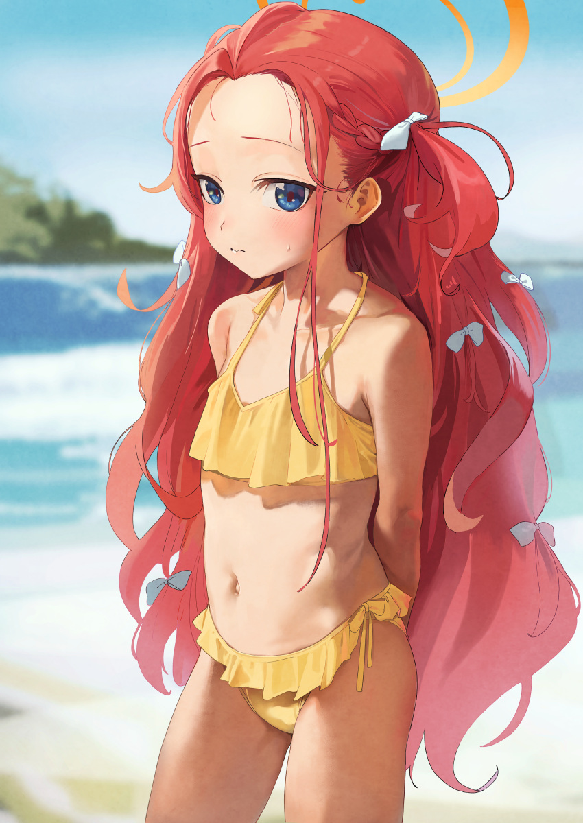 1girl absurdres alternate_costume arms_behind_back bikini blue_archive blue_eyes blurry blurry_background blush breasts closed_mouth collarbone commentary_request day depth_of_field dorontabi flat_chest forehead frilled_bikini frills hair_ribbon halo highres legs_apart long_hair looking_at_viewer navel outdoors redhead ribbon side-tie_bikini small_breasts solo standing swimsuit very_long_hair water white_ribbon yellow_bikini yuzu_(blue_archive)