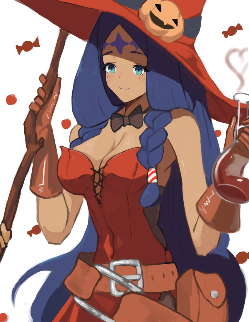 1girl alternate_costume bare_shoulders belt blue_eyes bow bowtie braid breasts closed_mouth dragalia_lost flask halloween_costume hat hat_belt highres holding holding_flask large_breasts long_hair potato_jetro upper_body verica witch_hat