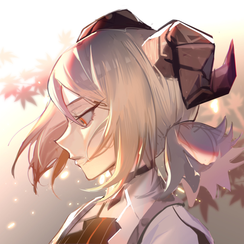 1girl absurdres amira_(shunhepipagao) arknights black_choker blonde_hair choker closed_mouth commentary face from_side highres horns ifrit_(arknights) leaf light_particles looking_down orange_eyes portrait profile short_twintails solo twintails