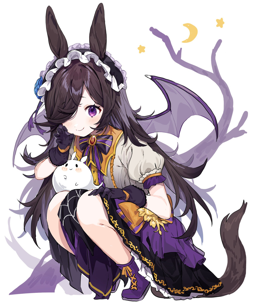 1girl animal_ears bangs bare_tree bat_wings black_gloves black_hair blue_flower blue_rose boots brooch claw_pose closed_mouth collared_shirt crescent_moon english_commentary flower frilled_hairband frills gloves hair_flower hair_ornament hair_over_one_eye hairband highres horse_ears horse_girl horse_tail inu_(puputizy) jewelry looking_at_viewer make_up_in_halloween!_(umamusume) moon puffy_short_sleeves puffy_sleeves purple_footwear rice_shower_(umamusume) rose shirt short_sleeves simple_background skirt smile solo squatting star_(symbol) tail tree umamusume violet_eyes white_background white_shirt wings