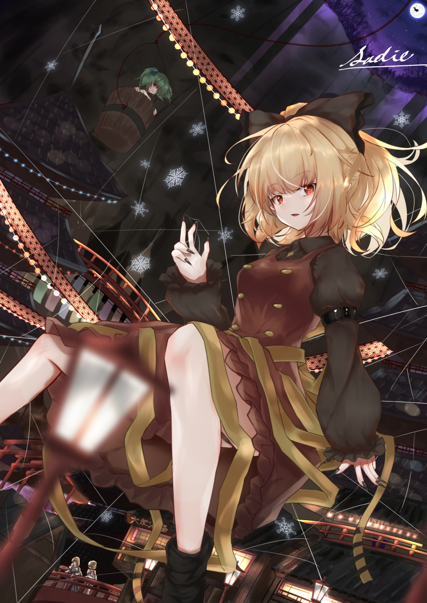 absurdres architecture arthropod_girl artist_name black_bow black_footwear black_nails black_shirt blonde_hair boots bow breasts bridge brown_dress buttons dress east_asian_architecture fingernails gensokyo hair_bow highres hoshiguma_yuugi kisume kurodani_yamame lantern long_fingernails long_sleeves medium_breasts medium_hair mizuhashi_parsee multiple_girls open_mouth puffy_sleeves red_eyes ribbon sadil sharp_fingernails shirt silk snowflakes solo_focus spider_girl spider_web touhou underground yellow_ribbon