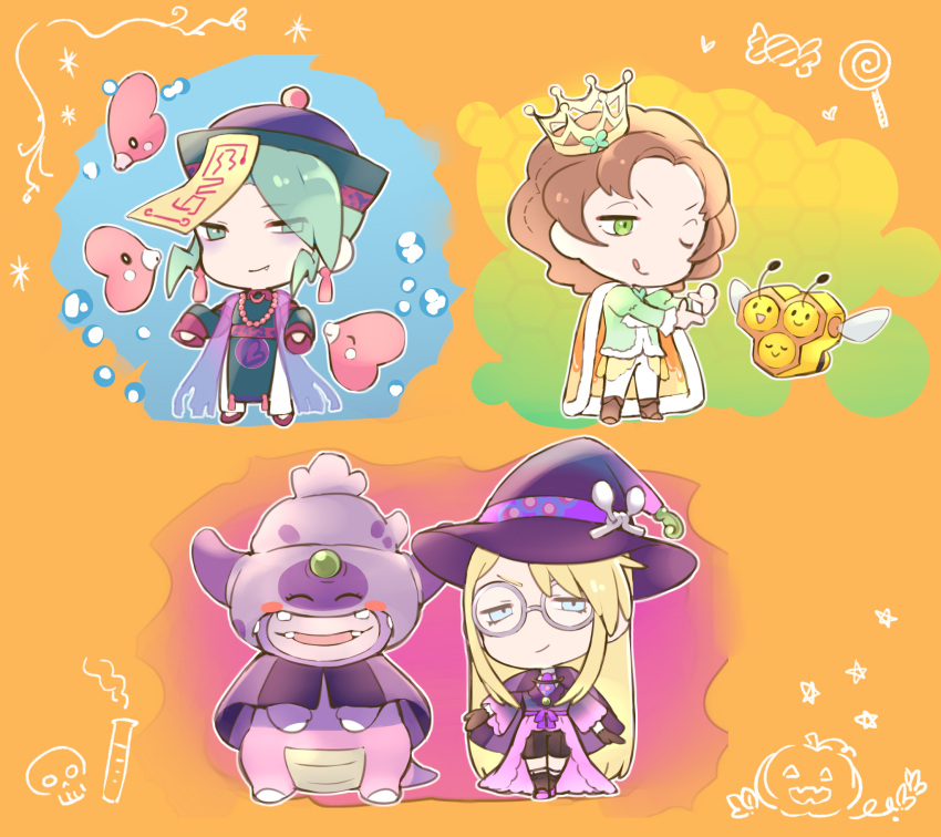 3boys :q alternate_costume avery_(pokemon) blonde_hair blue_eyes brown_hair burgh_(pokemon) chibi closed_mouth combee commentary_request crown fang fang_out finger_frame galarian_slowking glasses green_eyes green_hair halloween hat highres long_hair long_sleeves luvdisc male_focus mini_crown multiple_boys one_eye_closed pokemon pokemon_(game) pokemon_bw pokemon_oras pokemon_swsh round_eyewear smile standing tongue tongue_out tudurimike wallace_(pokemon) witch_hat