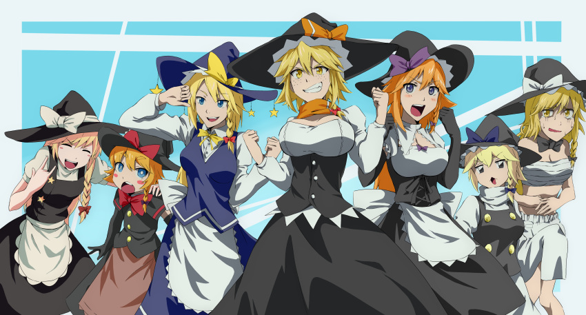 aasamu absurdres akane_(cookie) apron bangs black_bow black_bowtie black_capelet black_eyes black_gloves black_headwear black_skirt black_vest blonde_hair bloomers blue_bow blue_eyes blue_headwear blue_skirt blush bow bowtie braid breasts bright_pupils buttons capelet cleavage_cutout clothing_cutout commentary_request cookie_(touhou) elbow_gloves eyebrows_visible_through_hair feet_out_of_frame flat_chest frilled_apron frills gloves hair_between_eyes hair_bow hands_on_own_stomach hat hat_bow highres kirisame_marisa kohaku_(cookie) large_breasts long_hair looking_at_viewer medium_breasts medium_hair meguru_(cookie) mikami_makoto open_mouth orange_bow orange_scarf puffy_short_sleeves puffy_sleeves red_bow red_bowtie ruka_(cookie) sarashi scarf shirt short_hair short_sleeves side_braid single_braid skirt sleeves_past_fingers sleeves_past_wrists small_breasts smile star_(symbol) suzu_(cookie) touhou underwear underwear_only vest violet_eyes waist_apron white_apron white_bow white_pupils white_shirt witch_hat yellow_bow yellow_bowtie yellow_eyes yuuhi_(cookie)