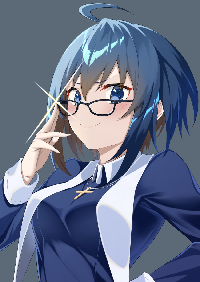 1girl absurdres adjusting_eyewear ahoge bangs blue-framed_eyewear blue_dress blue_eyes blue_hair blush breasts ciel_(tsukihime) closed_mouth commentary_request cross cross_necklace dress eyebrows_visible_through_hair glasses grey_background habit hair_between_eyes hand_on_hip highres jewelry latin_cross long_sleeves looking_at_viewer medium_breasts melty_blood melty_blood:_type_lumina mizumok1 necklace nun short_hair sidelocks simple_background smile solo tsukihime tsukihime_(remake) upper_body