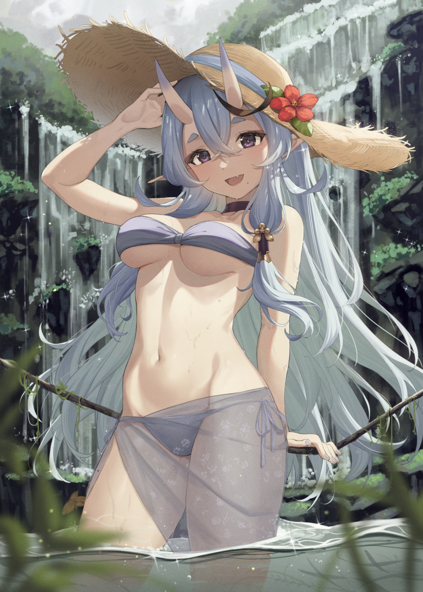 1girl bandeau bare_shoulders baseness bikini black_choker black_hair blush breasts choker cowboy_shot fang flower foliage hair_between_eyes hat hat_flower highres horns light_purple_hair long_hair looking_at_viewer medium_breasts mole mole_on_thigh mole_under_mouth multicolored_hair navel nijisanji oni oni_horns open_mouth outdoors pointy_ears purple_bikini rindou_mikoto sarong see-through see-through_sarong short_eyebrows side-tie_bikini side-tie_bottom skin-covered_horns skin_fang smile solo straw_hat streaked_hair swimsuit thick_eyebrows two-tone_hair under_boob violet_eyes virtual_youtuber wading water waterfall wet