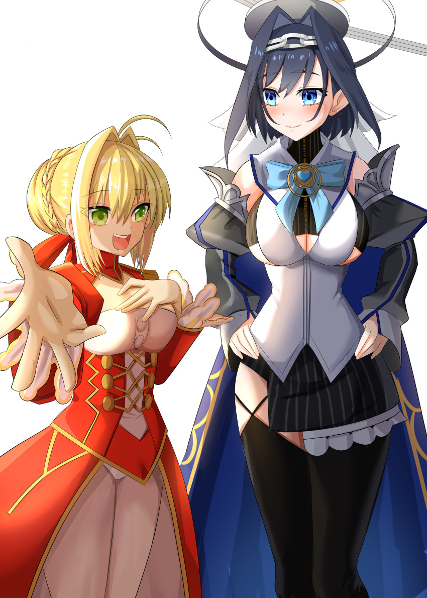 2girls absurdres ahoge asymmetrical_clothes black_gloves black_legwear blonde_hair blue_cape blue_hair bow bow_earrings braid breasts cape chain cleavage_cutout clothing_cutout creator_connection detached_sleeves dress earrings epaulettes fate/extra fate_(series) french_braid gloves green_eyes hair_bun hair_intakes halo head_chain headband heart-shaped_gem highres holocouncil hololive hololive_english jewelry large_breasts mechanical_halo miniskirt multiple_girls nero_claudius_(fate) nero_claudius_(fate/extra) ouro_kronii red_dress ribbon_earrings sailor_collar shirt short_hair skirt sleeveless sleeveless_shirt sweater toy_bits turtleneck turtleneck_sweater under_boob underboob_cutout veil virtual_youtuber zipper