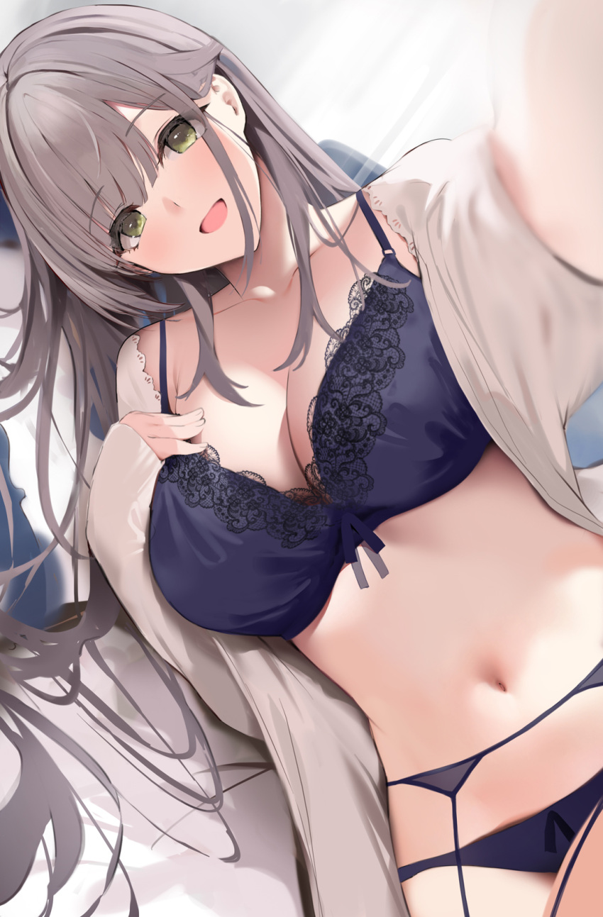 1girl :d bangs blue_bra blue_panties blurry blurry_foreground bra breasts commentary_request eyebrows_visible_through_hair eyes_visible_through_hair garter_belt green_eyes hair_between_eyes hand_on_own_chest highres hololive large_breasts long_hair long_sleeves looking_at_viewer lying navel niii_(memstapak) on_back open_mouth outstretched_arm panties selfie shirogane_noel silver_hair sleeves_past_wrists smile solo stomach underwear upper_body very_long_hair virtual_youtuber