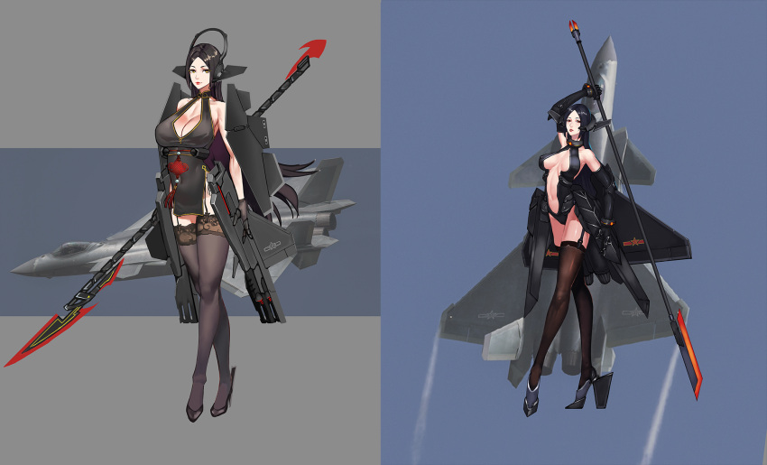 2girls aircraft airplane breasts china_dress chinese_clothes dress elbow_gloves fighter_jet full_body gloves highres j-20 jet jin_yi_dui mecha_musume military military_vehicle multiple_girls original people's_liberation_army people's_liberation_army_air_force personification polearm thigh-highs weapon
