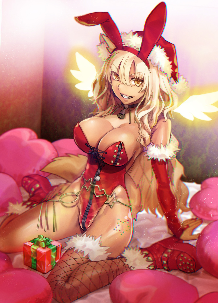 1girl animal_ear_fluff animal_ears bangs bare_shoulders blonde_hair boots box breasts bridal_gauntlets choker dark-skinned_female dark_skin detached_sleeves energy_wings fake_animal_ears fate/grand_order fate/grand_order_arcade fate_(series) fishnet_legwear fishnets fox_ears fox_girl fox_tail fur_trim gift gift_box grin gyaru hat high_heel_boots high_heels highleg highleg_leotard highres large_breasts leotard long_hair looking_at_viewer orange_eyes playboy_bunny rabbit_ears red_footwear red_headwear red_leotard santa_costume santa_hat sitting smile solo suzuka_gozen_(fate) suzuka_gozen_(santa)_(fate) tail takenoko_seijin tan thighs wariza