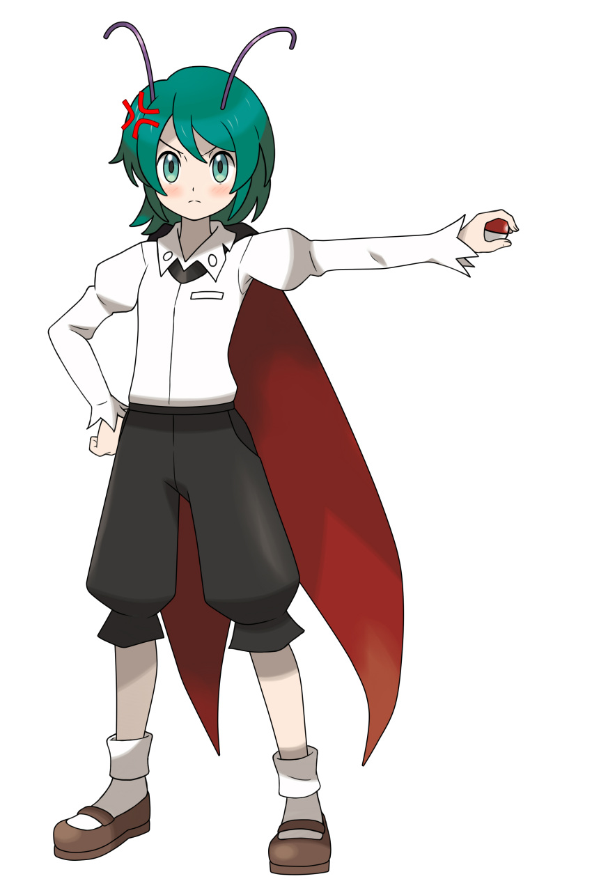 1girl absurdres anger_vein angry antennae asatsuki_(fgfff) bangs black_cape black_shorts blush brown_footwear bug cape collared_shirt firefly flat_chest full_body green_eyes green_hair highres juliet_sleeves long_sleeves open_mouth poke_ball puffy_sleeves red_cape shirt short_hair shorts simple_background socks tomboy touhou two-sided_cape two-sided_fabric white_background white_legwear white_shirt wriggle_nightbug