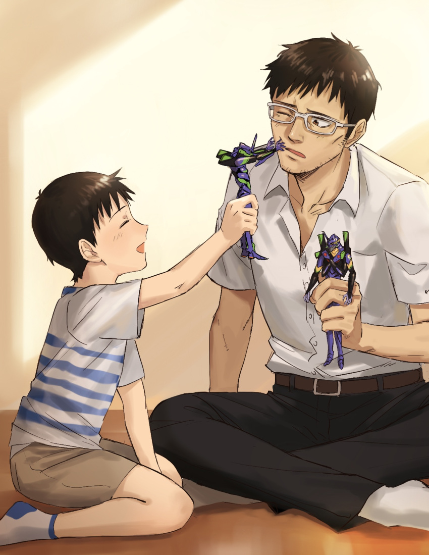 2boys belt brown_eyes eva_01 eva_13 father_and_son glasses highres holding holding_toy ikari_gendou ikari_shinji multiple_boys neon_genesis_evangelion open_mouth pants rebuild_of_evangelion rott_ur shirt shorts smile socks striped striped_shirt toy white_shirt