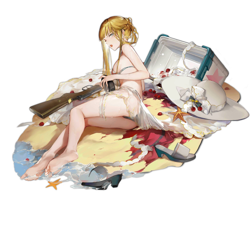 1girl ass bag bare_legs barefoot beach bikini blonde_hair blue_eyes braid breasts camera_phone cherry cherry_hair_ornament eyebrows_visible_through_hair floor food food-themed_hair_ornament french_braid fruit girls_frontline gun hair_ornament hat hat_removed headwear_removed highres holding holding_weapon legs long_hair looking_at_viewer multicolored_bikini multicolored_clothes multicolored_swimsuit official_art on_floor open_mouth ppd-40_(girls'_frontline) sandals sandals_removed shuaigegentou sideboob simple_background small_breasts soles solo submachine_gun summer sun_hat swimsuit thighs toes transparent_background viewfinder weapon white_headwear