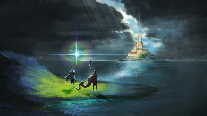 2others cape cloak clouds cloudy_sky commentary_request fantasy hat highres hill holding ikasamahideo island landscape light multiple_others ocean original rain reflection reflective_water scenery sky tower wand wizard wizard_hat