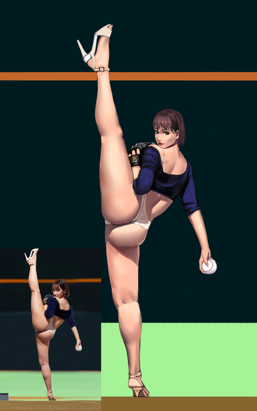 1girl absurdres ass back baseball baseball_mitt blouse bra_strap brown_eyes brown_hair high_heels highres holding jin_yi_dui original panties pitching real_life real_life_insert reference_photo solo standing standing_on_one_leg underwear